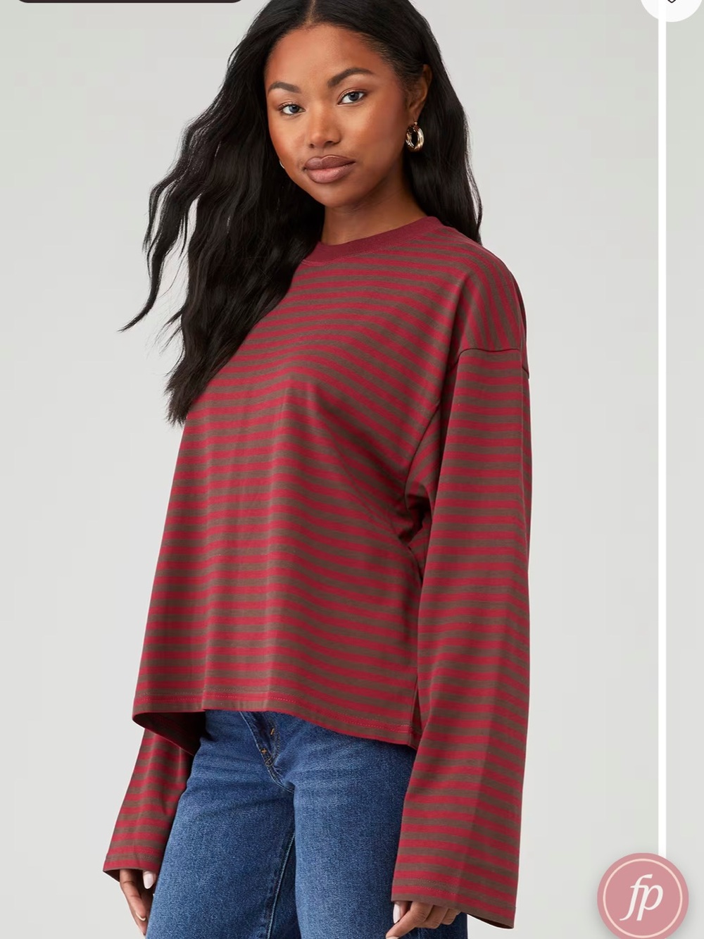 NWT Lioness Bloom Burgundy and Brown Relaxed Boxy Striped Long-Sleeve Tee